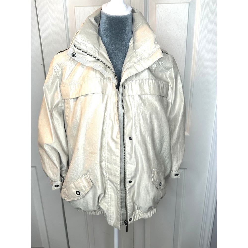 Chicos Metallic Champagne Bomber Jacket Size 2 Large Full Zip Snap Utility Coat